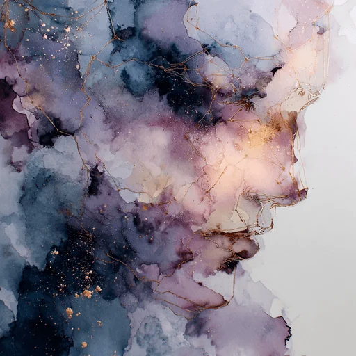 Perfil Abstracto en Acuarela con Constelaciones en Oro Rosado
