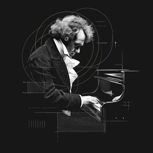 Ilustración Minimalista de Beethoven Tocando el Piano