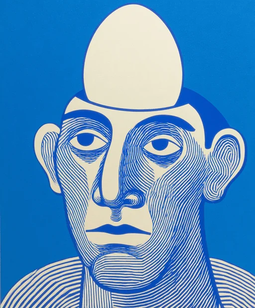 Artista callejero equilibrando bola y huevo en tinta azul