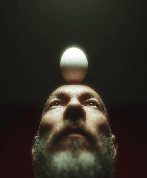 Artista callejero equilibrando bola y huevo en tinta azul