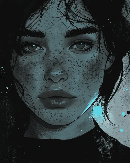 Mujer Latina con Pecas en Resplandor Cian Noir