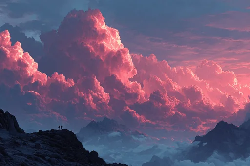 Nubes Rosadas al Atardecer Sobre la Cresta de la Montaña