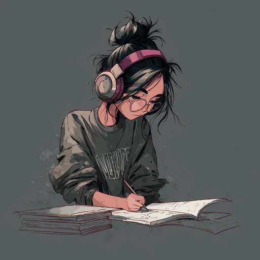 Chica con Auriculares Estudiando en Estilo Lo-Fi