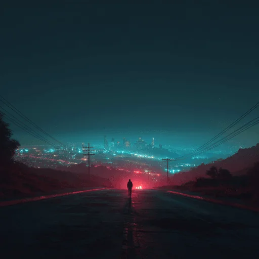 Silueta en Camino Secundario Iluminado por Neón de Noche