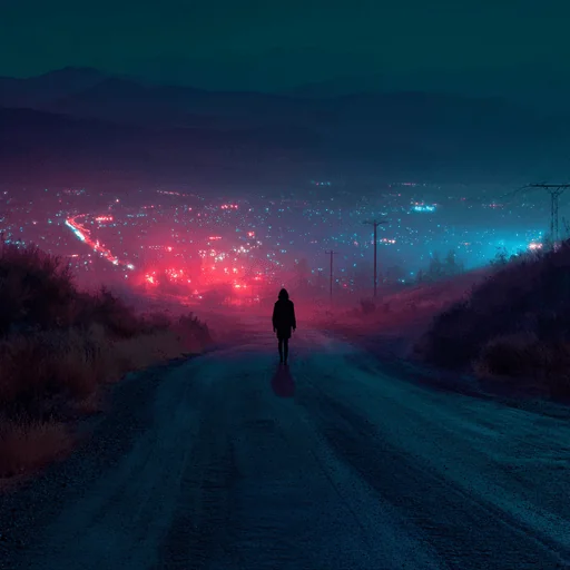Silueta en Camino Secundario Iluminado por Neón de Noche