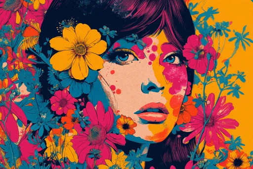 Rostro de Mujer Funky con Flores Coloridas