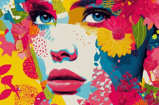 Rostro de Mujer Funky con Flores Coloridas
