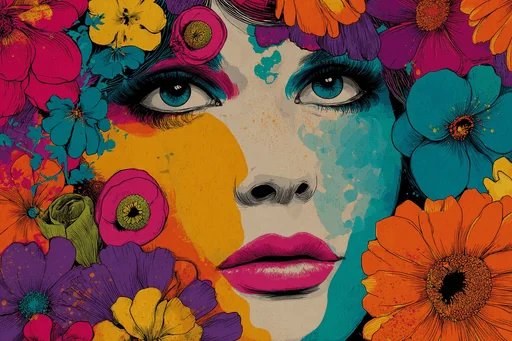Rostro de Mujer Funky con Flores Coloridas