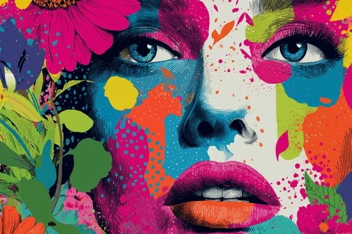 Rostro de Mujer Funky con Flores Coloridas