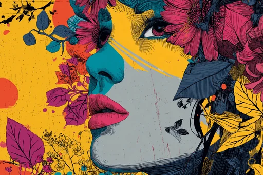 Rostro de Mujer Funky con Flores Coloridas