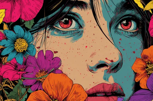 Rostro de Mujer Funky con Flores Coloridas