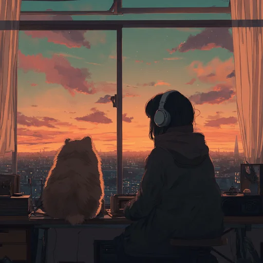 Chica japonesa y Pomerania viendo el atardecer