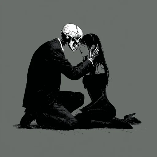 Esqueleto Consolando a Mujer en Momento Íntimo