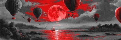 Luna de Sangre y Globos Aerostáticos en Blanco y Negro Sobre la Playa