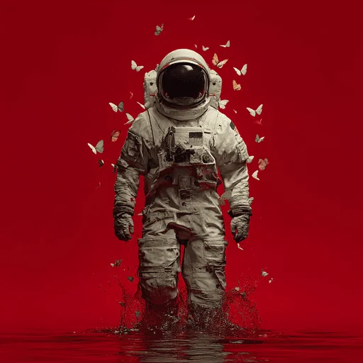 Astronauta Caminando por el Agua Rodeado de Mariposas