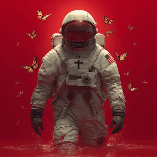 Astronauta Caminando por el Agua Rodeado de Mariposas