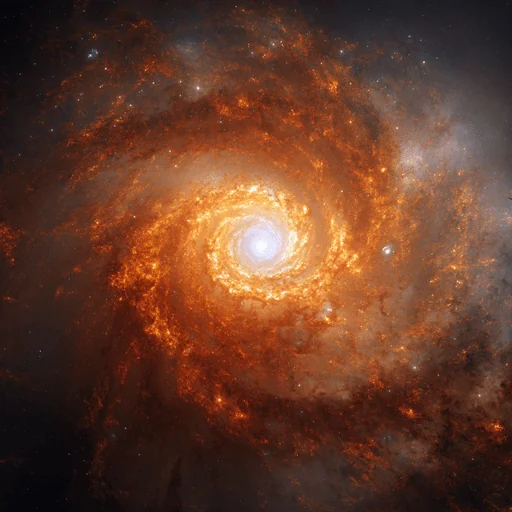 Galaxia Espiral Naranja Fulgurante Alrededor de Esfera Blanca