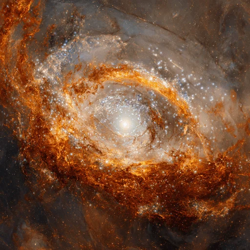 Galaxia Espiral Naranja Fulgurante Alrededor de Esfera Blanca