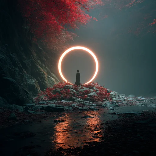 Figura Mística junto a Círculo Brillante en el Bosque