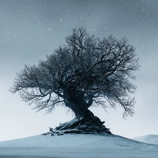 Árbol Negro Dormido en Paisaje Fantástico Nevado