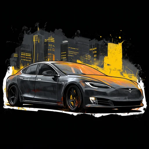 Ilustración nocturna urbana del Tesla Model S