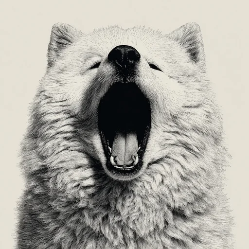 Primer plano de perro blanco esponjoso bostezando